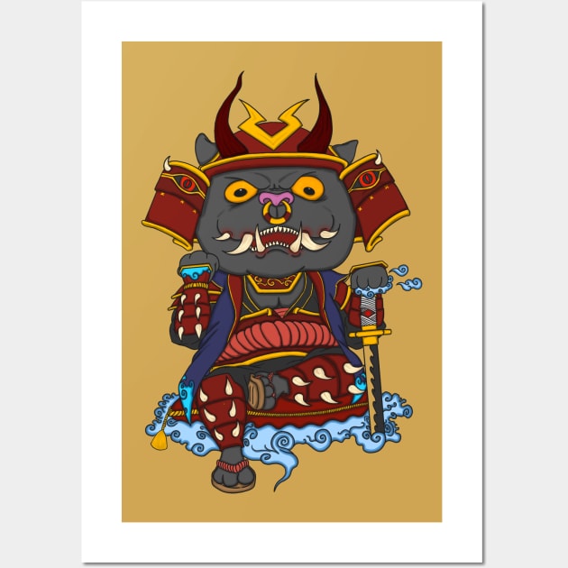 Oni samurai cat Devil cat blue on the cloud Wall Art by NARO DESIGN